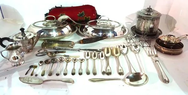 Silver plated wares, including; bottle coasters, entree dishes, a biscuit barrel, christening mug and sundry, (qty)   S3B