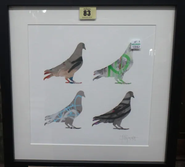 Daniel Syrett (contemporary), Fanciful pigeons, colour screen print, signed in pencil, 24cm x 24cm.  I1