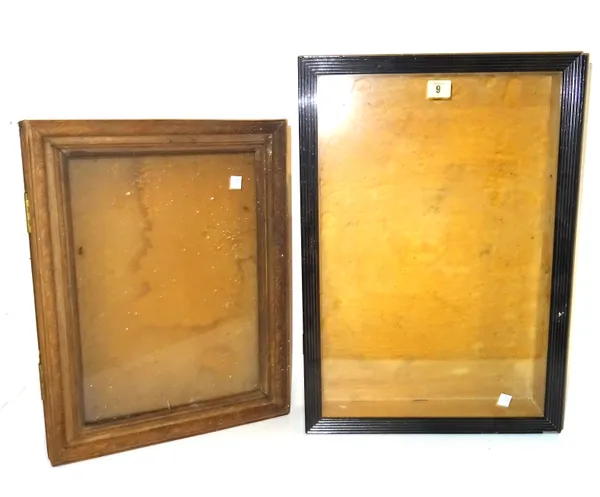 An early 20th century ebonised and glazed display case, 39cm wide x 50cm high and a similar stained pine display case, 36cm wide x 46cm high, (2).  S2