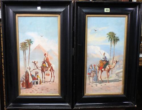 J. Cawson? (early 20th century), North African scenes with bedouins and camels, a pair, oil on board, indistinctly signed, each 48cm x 23cm.(2)