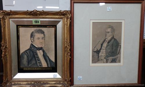 A group of four, including a 19th century watercolour portrait of Captain J. Saunders, a watercolour portrait after Goya, a primitive portrait of a la