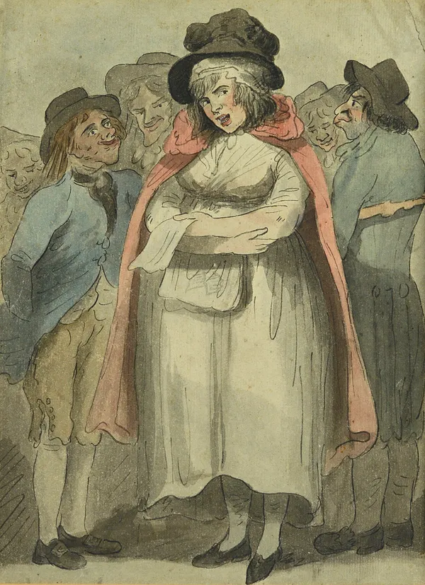 Attributed to Thomas Rowlandson (1756-1827), A Miss in her teens, pen, ink and wash, bears a signature and inscription, 18cm x 11cm.; together with a