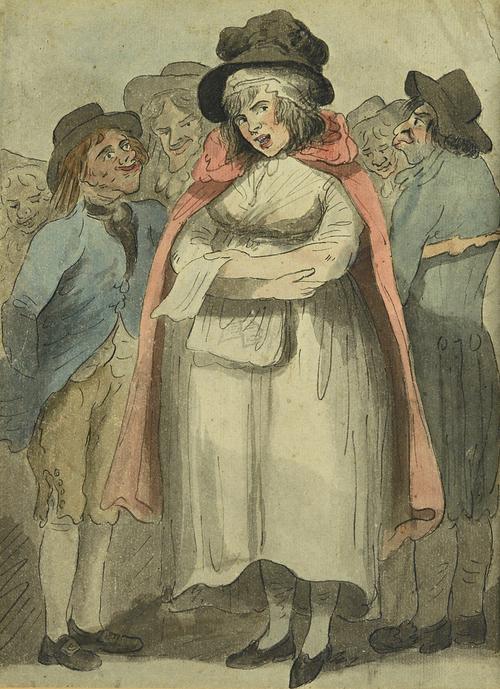 Attributed to Thomas Rowlandson (1756-1827), A Miss in her teens, pen, ink and wash, bears a signature and inscription, 18cm x 11cm.; together with a