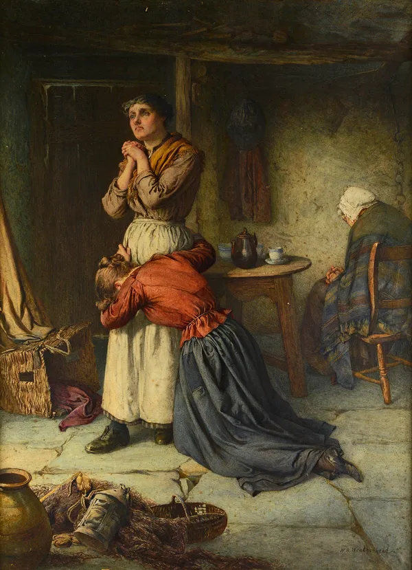 William Harris Weatherhead (1843-1903), 'Distraught', watercolour, signed, 107cm x 78cm. Illustrated.