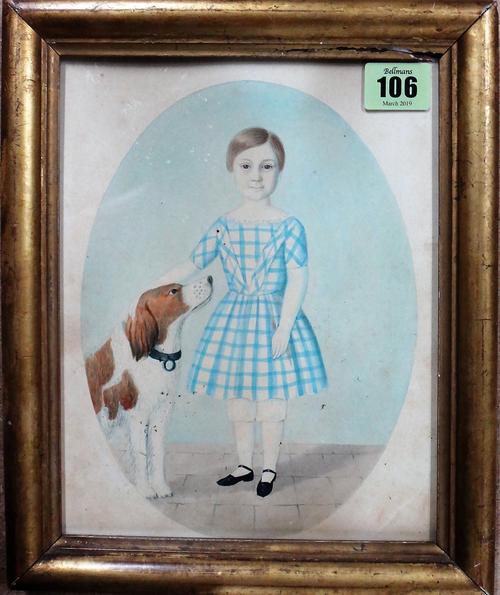 English Provincial School (19th century), Portrait of a child with pet dog, watercolour, oval, 22.5cm x 16cm.