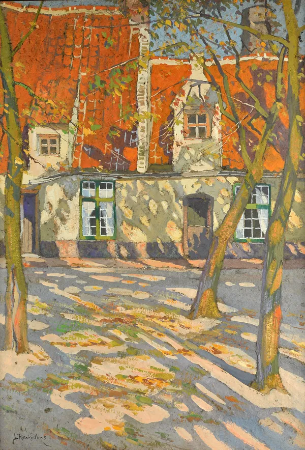 Lodewijk Reckelbus (1864-1958), Dappled Sunlight: Maison dans une Vielle Cour a Bruges, gouache, signed, 74cm x 53cm. DDS Illustrated. Provenance: Fin