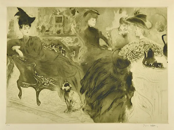 Jacques Villon (1875-1963), Le Potin, drypoint and aquatint printed in dark green, signed, inscribed and numbered No 14, unframed, 42cm x 57cm. DDS  I