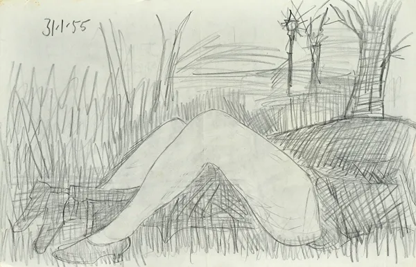 Francis Newton Souza (1924-2002), Reclining nudes a group of four, pencil drawings, one dated 31-1-55, all unframed, each approx 25cm x 39cm.(4). Illu