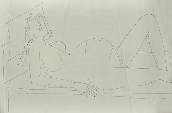 Francis Newton Souza (1924-2002), Reclining nudes; Reclining centurion, a group of three, ink drawings, all unframed, each approx 25cm x 39cm.(3). Ill