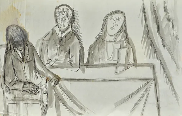 Francis Newton Souza (1924-2002), Figures seated at a table, pen, ink and wash, unframed, 25cm x 39cm. Illustrated. Provenance; from the artist's wife