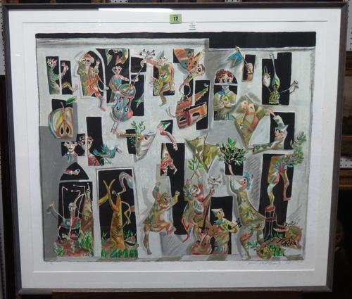 Yosl Bergner (1920-2017), Commedia dell'arte, colour screenprint, signed, 66cm x 77cm.