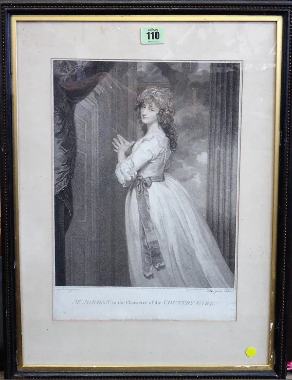 After Romney, Mrs Jordan; After Reynolds, Roxanna, two stipple engravings, together with a mezzotint of Wilhelmina Charlotta, Princess of Wales after