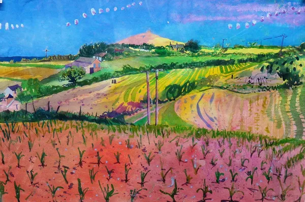 Jenny Wheatley (b. 1959), Across the Fields - Looking Towards St Agnes, Cornwall, watercolour, signed, 37cm x 55cm. DDS