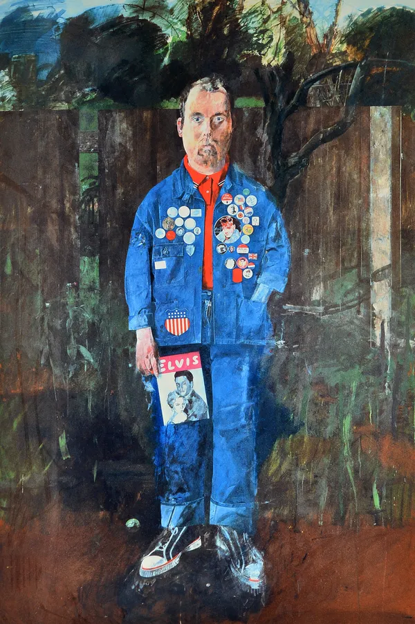 Sir Peter Blake (b.1932), Self portrait with badges, colour print, signed and numbered 147/150, 68cm x 45cm.  DDS Illustrated. £25