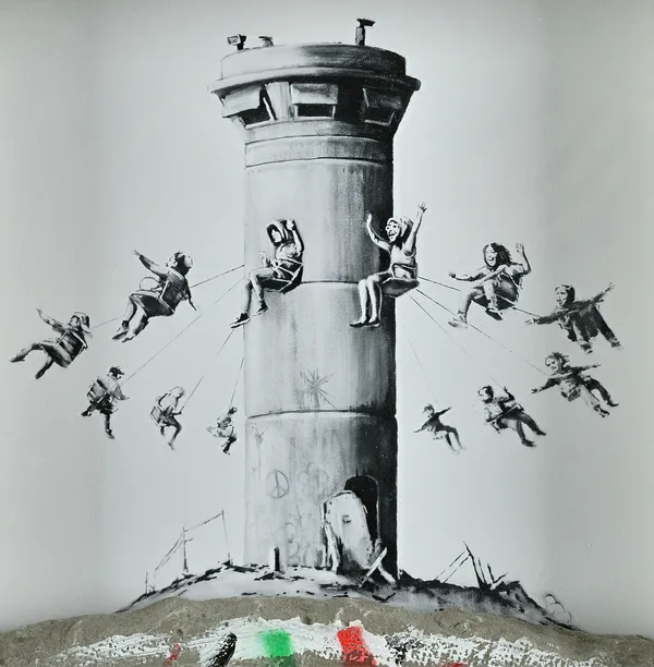 Banksy (b.1974), Walled Off Box Set, 2017, Giclee print with concrete piece of wall, together with Walled Off Hotel invoice, 30cm x 30cm. DDS Illustra