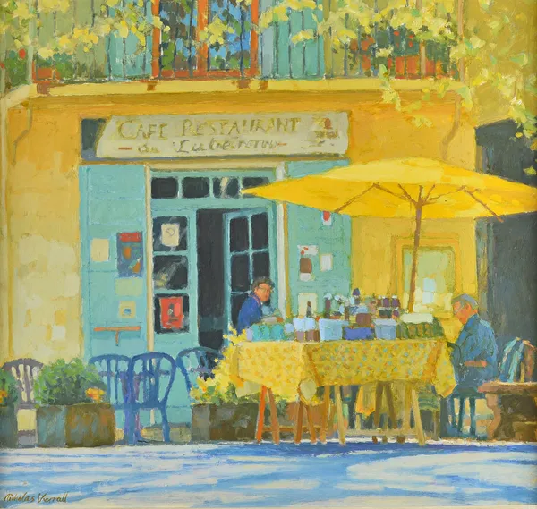 Nicholas Verrall (b.1945), Outdoor Market, Peypin-d'Aigues, oil on board, signed, 48cm x 52cm. DDS Illustrated.