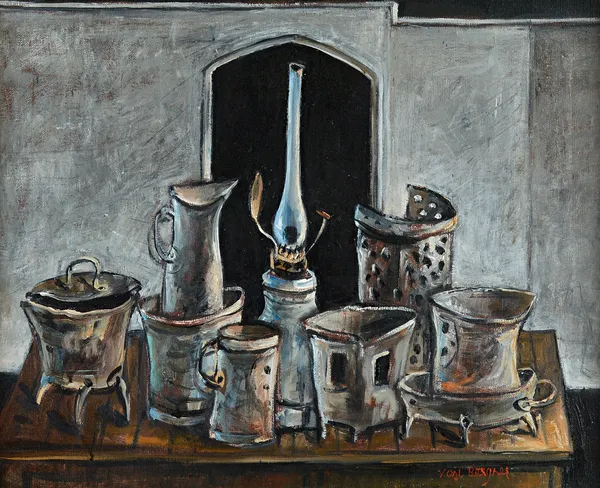 Yosl Bergner (1920-2017), Still life with lamp, oil on canvas, signed, inscribed and dated 1996 on reverse, 40cm x 51cm. Illustrated.