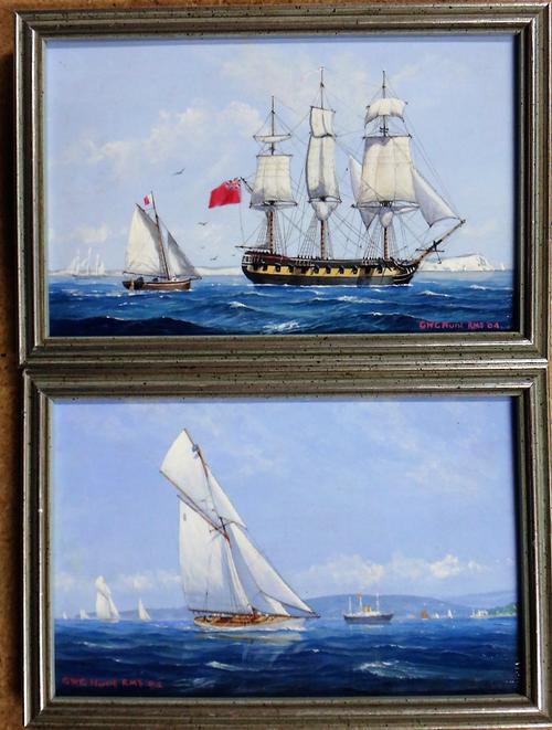 Geoffrey William Hunt (b.1948), East Indiaman hove to pilot off Beachy Head; Moonbeam winning Kings Cup at Cowes, 1920, a pair, miniature oil on board