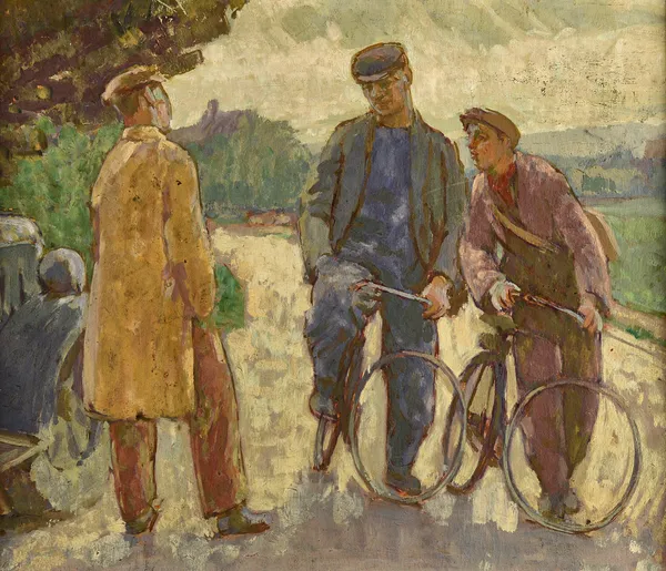 Henry Lamb (1883-1960), Figures on bicycles chatting by the wayside with a man standing by a car, oil on board, 40cm x 47cm. DDS Illustrated.