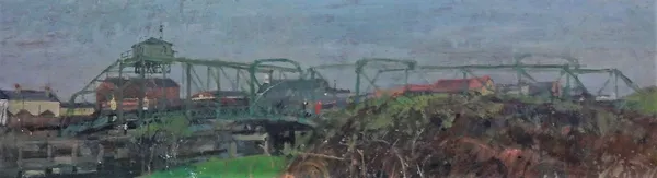 Fred Cuming (b. 1930), View of a Swing Bridge, probably over the Arun at Littlehampton, oil on board, signed, 19cm x 63cm. DDS