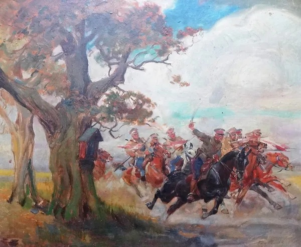 Yeny Tolusk (early 20th century), Polish battle scene, oil on board, indistinctly signed, 44cm x 52cm.