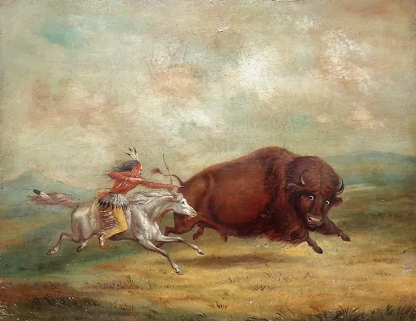 American School (19th century), An American Indian on horseback, hunting a Bison, oil on canvas, unframed, 45.5cm x 59cm.