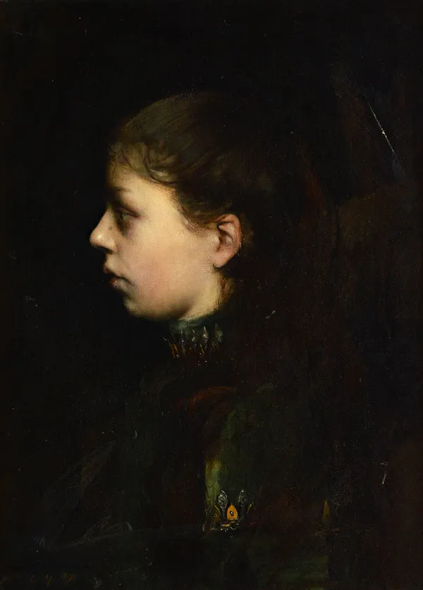 Attributed to Alexandre Claude Louis Lavalley (1862-1927), Profile portrait of a girl, oil on canvas, indistinctly signed and dated 1891, 53cm x 38cm.