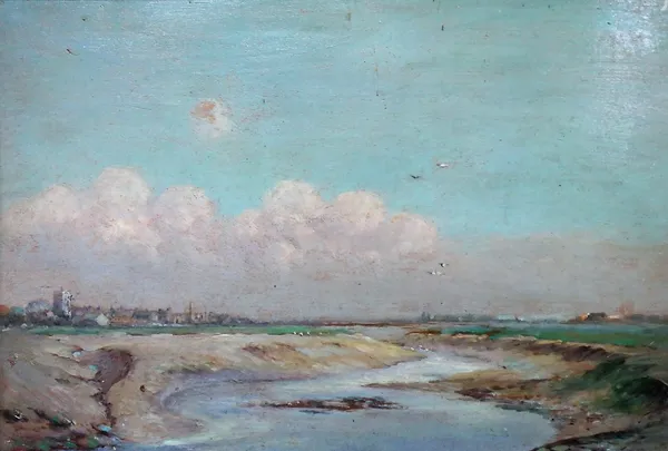 Walter Westley Russell (1867-1949), The Saltings, Shoreham, oil on panel, bears inscription on reverse, 245cm x 34cm. DDS