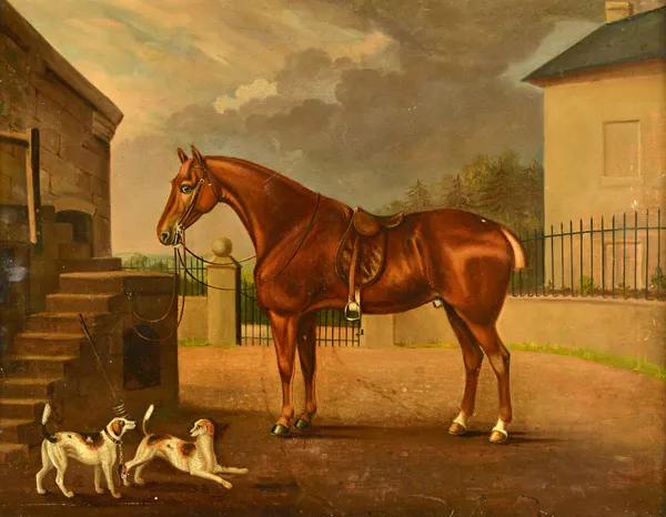 English School (19th century), A bay hunter and hounds in a stable yard, oil on canvas, 61cm x 78cm. Illustrated.