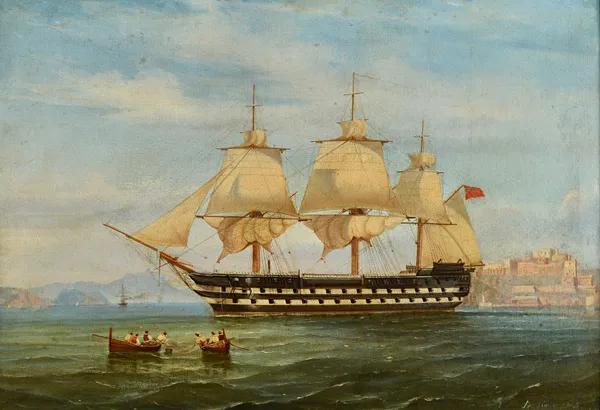 Tommaso de Simone (1805-1888), A British warship of the Mediterranean Fleet getting underway from her anchorage off Naples, 1863, oil on canvas, signe