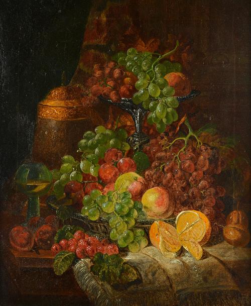 Follower of Edward Ladell, Still life of fruit, oil on canvas, 60cm x 49cm.  Illustrated. £15