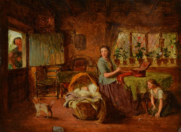 George Smith (1829-1901), Interior scene with a young family, oil on panel, signed and dated 1873, 14.5cm x 20.5cm. Illustrated.