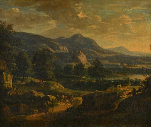 Continental School (late 18th/early 19th century), Travellers in an extensive landscape, oil on canvas, 42.5cm x 52.5cm.  Illustrated.  £40
