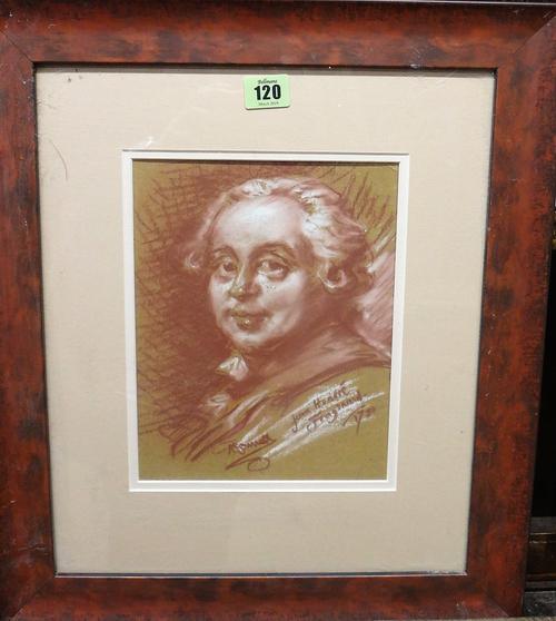 After Fragonard, Head study of a gentleman, coloured chalks, inscribed, 23.5cm x 18.5cm.; together with a monochrome oil of a marble bust.(2)