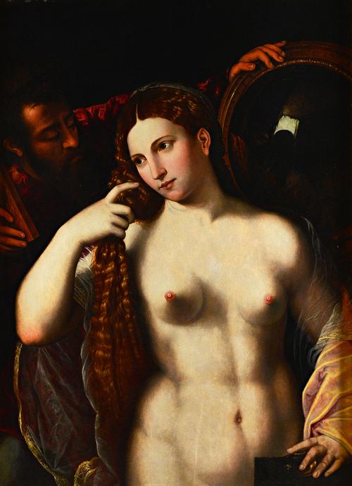 After Tiziano Vecellio, called Titian, Woman with a mirror, oil on panel, 100cm x 73cm. Illustrated.