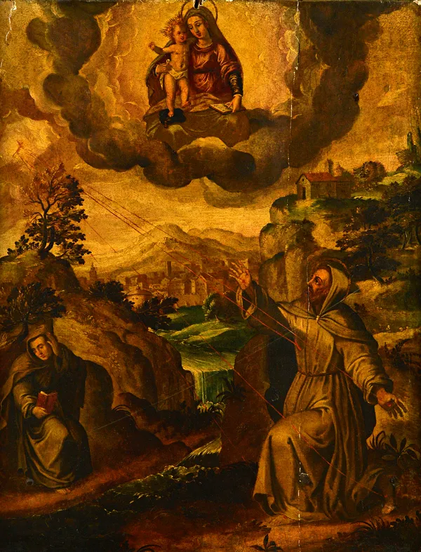 Emilian School (16th/17th Century), Saint Francis of Assisi receiving the stigmata, oil on panel, 79cm x 62cm. Illustrated.