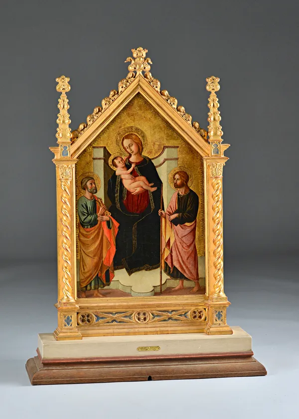 Domernico de Michelino (1417-1491), The Madonna and child with Saints Peter and John the Baptist, oil on panel, in a 19th century giltwood tabernacle