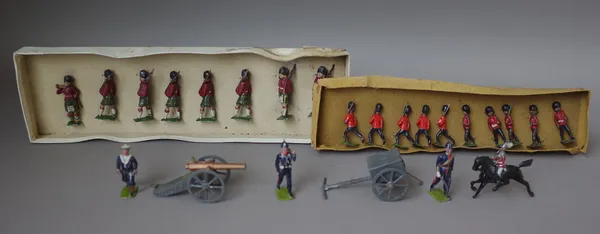 A set of eight 'Cheerio toy soldiers', hollow cast lead, boxed, a set of Britain's No 11W Grenadier Guards, four hollowcast lead soldiers on camels, b