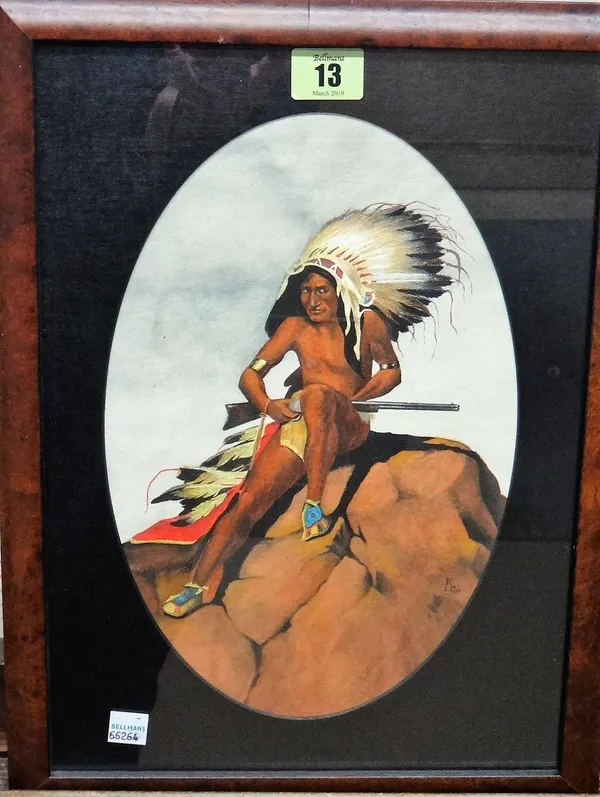 R** M** (20th century), An American Indian Chief, watercolour, indistinctly signed with monogram and dated, oval, 29cm x 19cm.