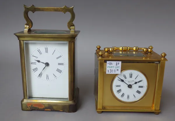 A brass cased carriage clock, early 20th century , with visible Brocot escapement, white enamel dial and a single train movement, 10.5cm high, in a le