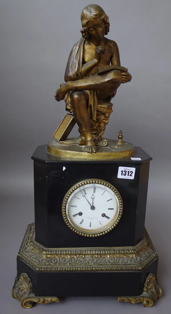 A late 19th century, bronze mounted marble mantel clock, surmounted by a bronze figure reading a book, the white enamel dial detailed 'ALFRED CHAPRON