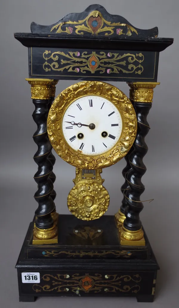 An ebonised portico mantel clock, 19th century, the drum within four barley twist supports, with a two train movement and brass inlay, (a.f.), 49cm hi