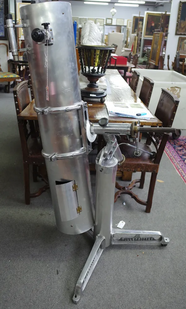 A 20th century large aluminium Newtonian reflecting telescope, the Fullerscope MKIII, the 130cm long, 25cm diam, body tube, with starfinder, access pa