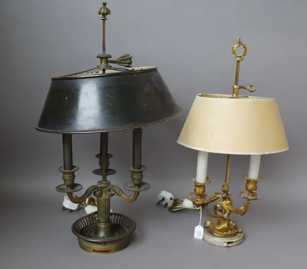 A French ormolu bouillotte table lamp, early 20th century, with three foliate scroll arms, a pierced circular base and adjustable tin shade, 60cm high