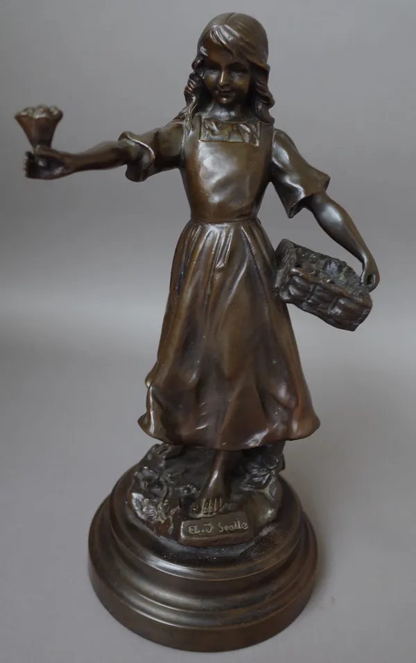 A bronze figure of 'The Flower Seller', circa. 1900, depicting a young girl with a basket of flowers, signed to the cast  'A. J. Scolle', 39.5cm high.