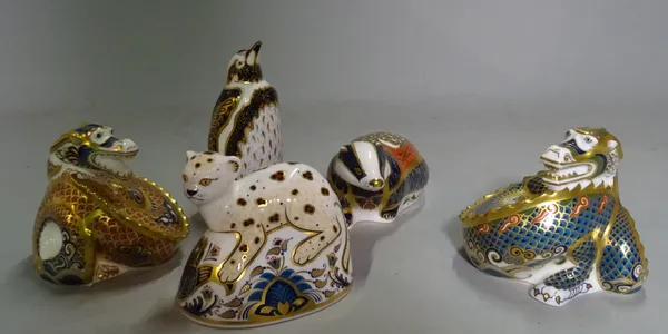 Five Royal Crown Derby Imari paperweights modelled as animals, comprising; two dragons, a leopard cub, a badger and a koala, (5).