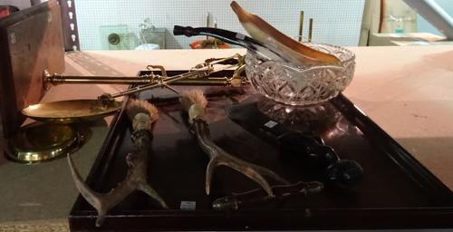Collectables, including; an early 20th century mahogany inlaid tray, a set of early 20th century brass balance scales, two calligraphy brushes with an