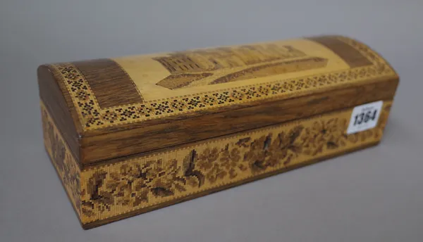 A Tunbridge ware glove box, late 19th century, the domed hinged lid parquetry inlaid with a castle, 24cm wide.