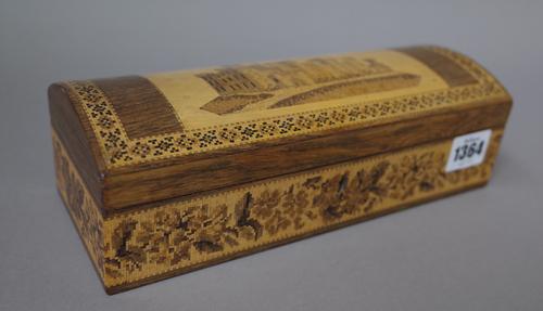 A Tunbridge ware glove box, late 19th century, the domed hinged lid parquetry inlaid with a castle, 24cm wide.