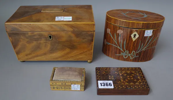 A Tunbridge ware marquetry inlaid desk weight of rectangular form (11cm wide), a Tunbridge ware pin cushion needle case (7cm wide), a Victorian mahoga